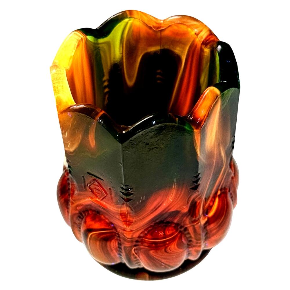 Boyd Glass Toothpick Holder 1999 Beaded Oval Autumn Harvest Blacklight GLOW OOAK